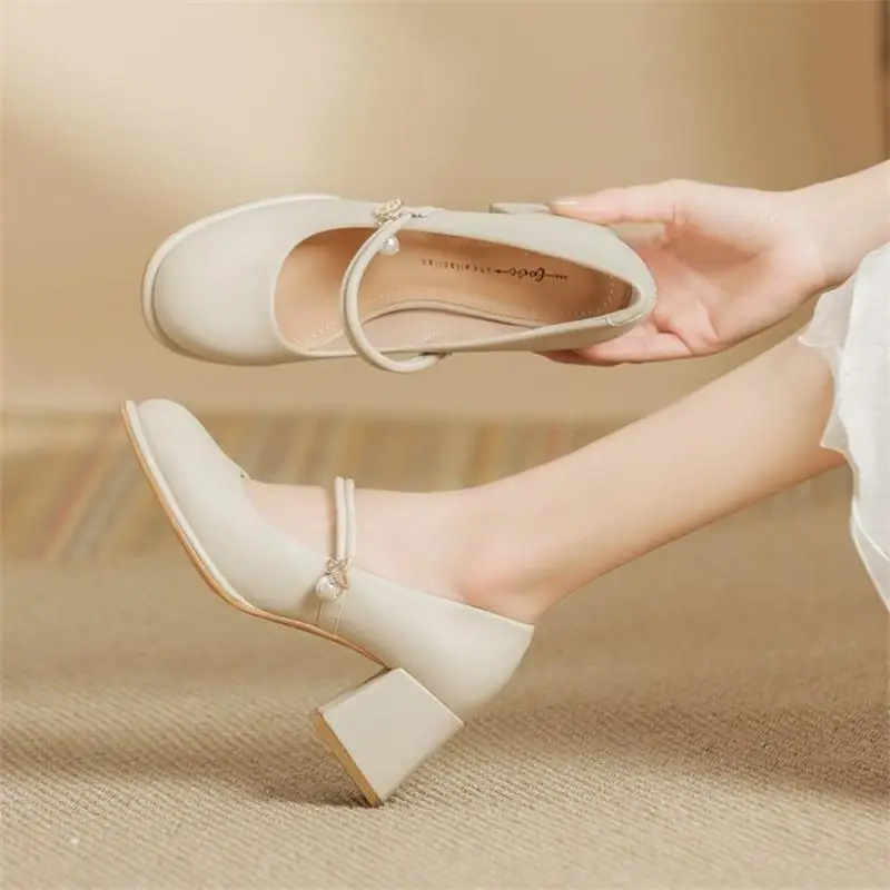 Women French Soft Leather Mary Jane Heels White 2024 - Image 3