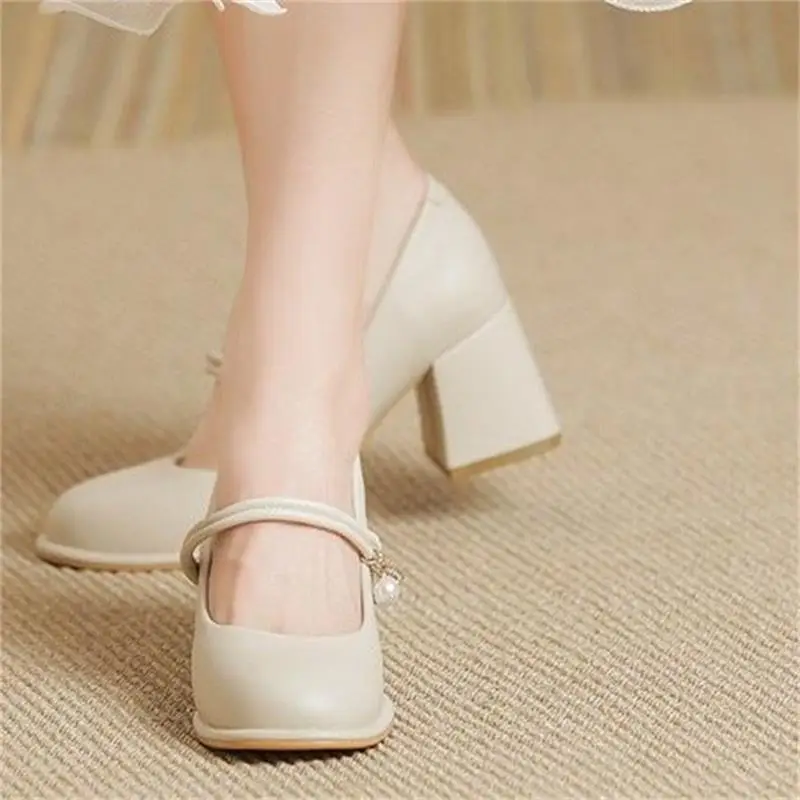 Women French Soft Leather Mary Jane Heels White 2024 - Image 4