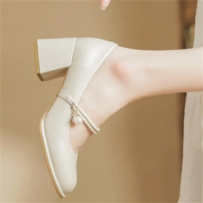Women French Soft Leather Mary Jane Heels White 2024 - Image 5