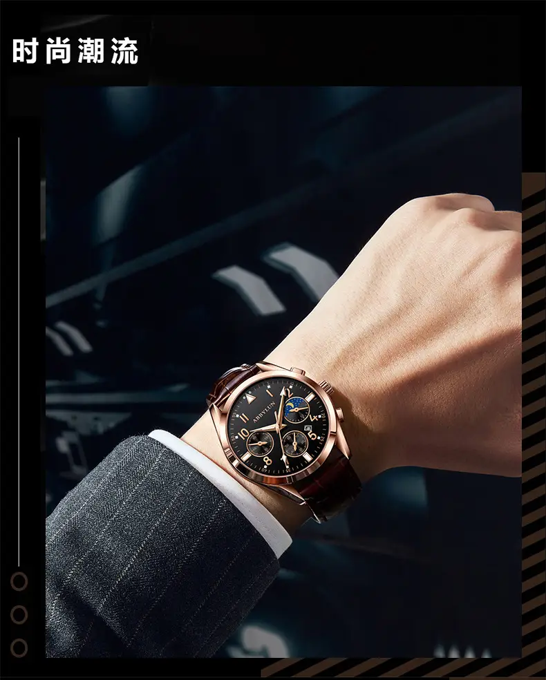 Abbylun Men's Chronograph Watch with Calendar & Leather Strap — feature 12