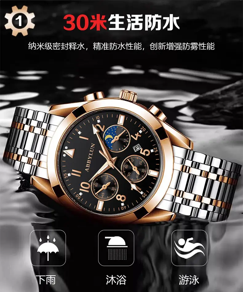 Abbylun Men's Chronograph Watch with Calendar & Leather Strap — feature 4