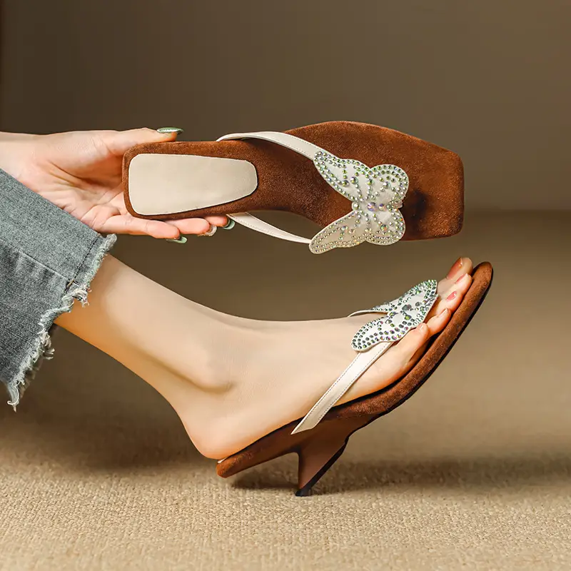 French Style Beautiful High Heel Sandals Women's Summer Outwear Fashionable Bow Rhinestone Sandals Flip Flops - Image 5
