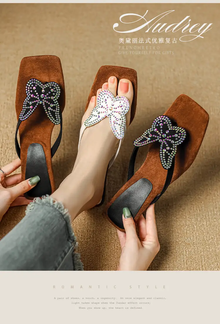 French Style Beautiful High Heel Sandals Women's Summer Outwear Fashionable Bow Rhinestone Sandals Flip Flops — feature 1