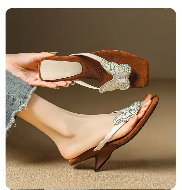 French Style Beautiful High Heel Sandals Women's Summer Outwear Fashionable Bow Rhinestone Sandals Flip Flops — feature 10