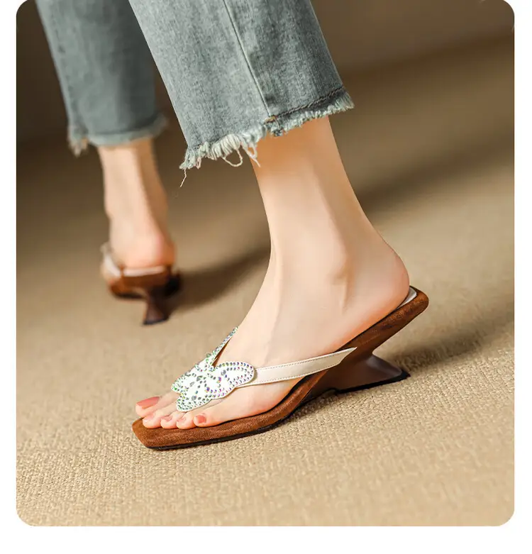 French Style Beautiful High Heel Sandals Women's Summer Outwear Fashionable Bow Rhinestone Sandals Flip Flops — feature 11