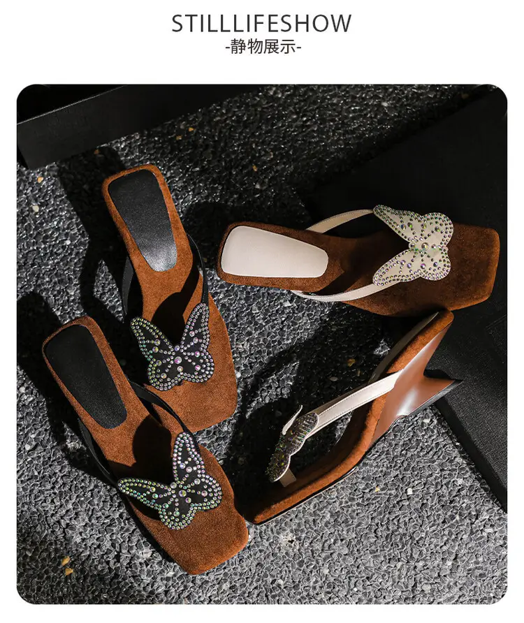 French Style Beautiful High Heel Sandals Women's Summer Outwear Fashionable Bow Rhinestone Sandals Flip Flops — feature 12