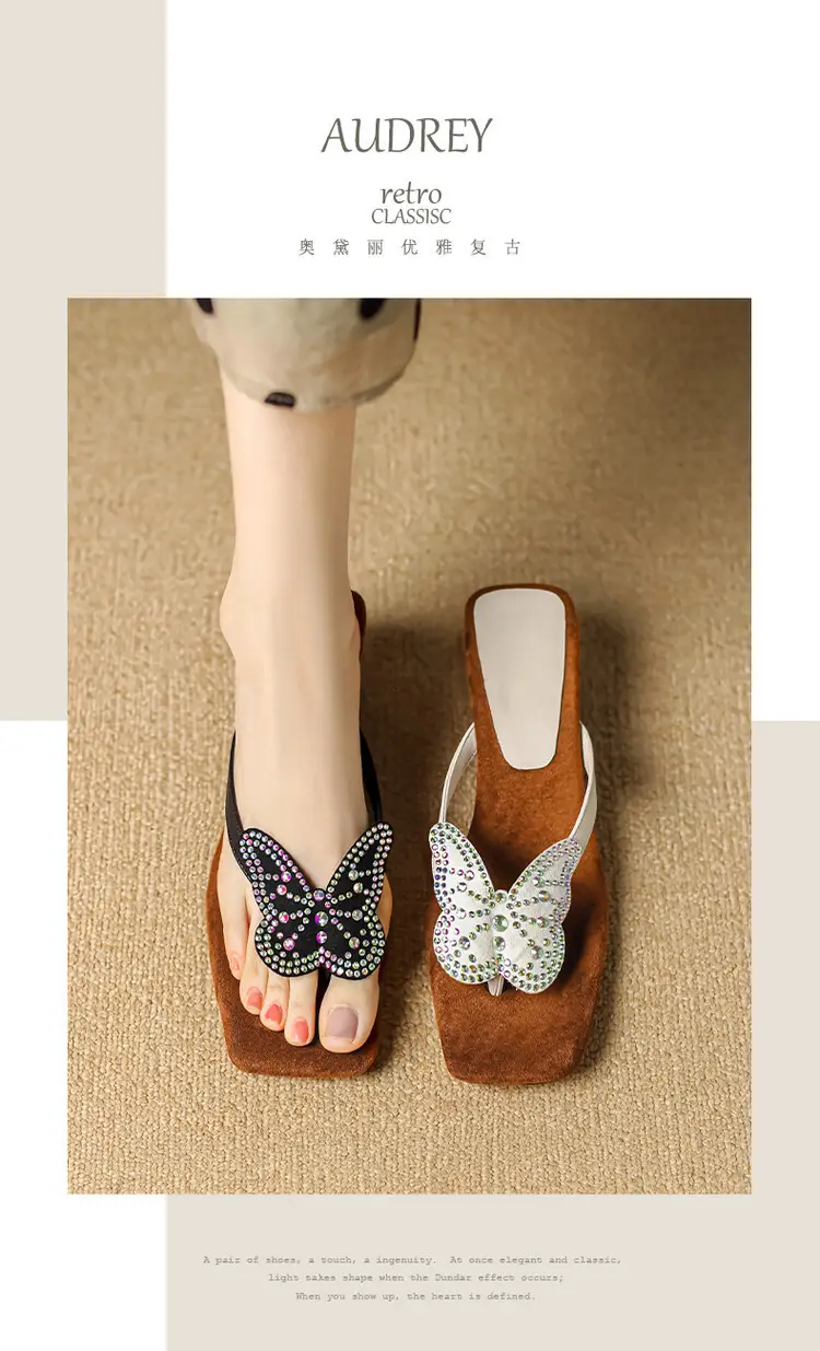 French Style Beautiful High Heel Sandals Women's Summer Outwear Fashionable Bow Rhinestone Sandals Flip Flops — feature 3