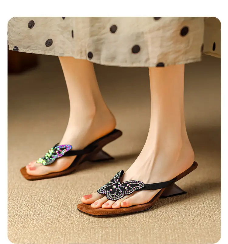 French Style Beautiful High Heel Sandals Women's Summer Outwear Fashionable Bow Rhinestone Sandals Flip Flops — feature 4