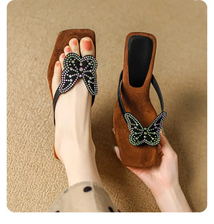 French Style Beautiful High Heel Sandals Women's Summer Outwear Fashionable Bow Rhinestone Sandals Flip Flops — feature 7