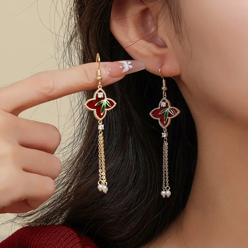 New Chinese Bamboo Leaf Tassel Earrings Women's Light Luxury