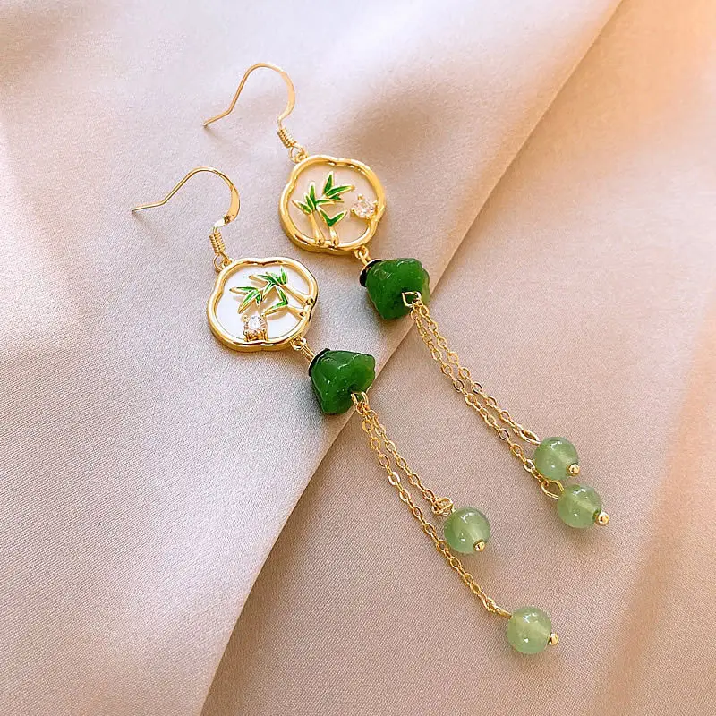 New Chinese Bamboo Leaf Tassel Earrings Women's Light Luxury