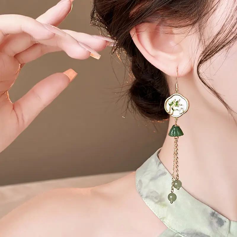 New Chinese Bamboo Leaf Tassel Earrings Women's Light Luxury