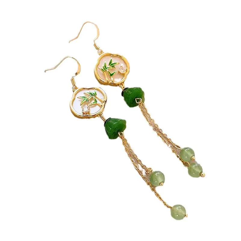 New Chinese Bamboo Leaf Tassel Earrings Women's Light Luxury