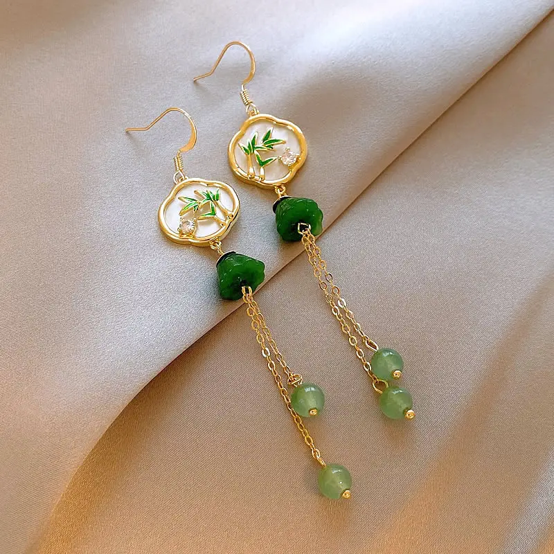 New Chinese Bamboo Leaf Tassel Earrings Women's Light Luxury