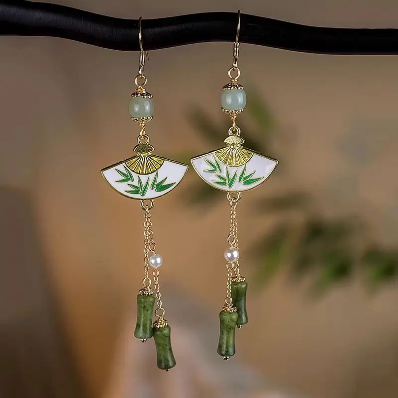 New Chinese Bamboo Leaf Tassel Earrings Women's Light Luxury