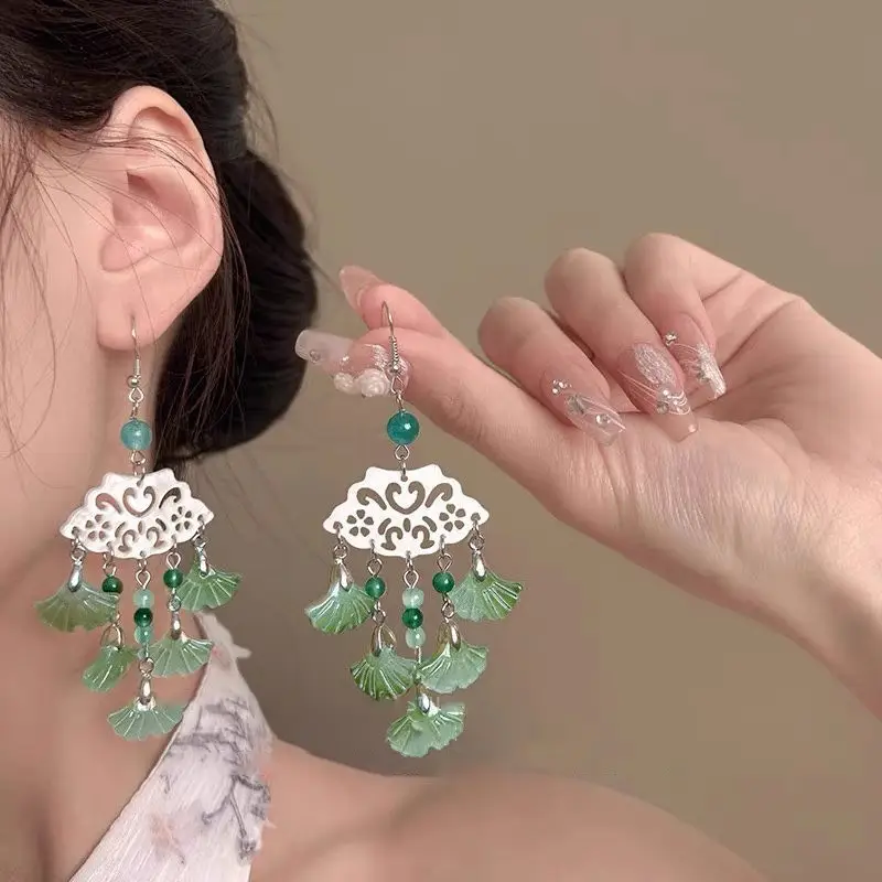 New Chinese Bamboo Leaf Tassel Earrings Women's Light Luxury