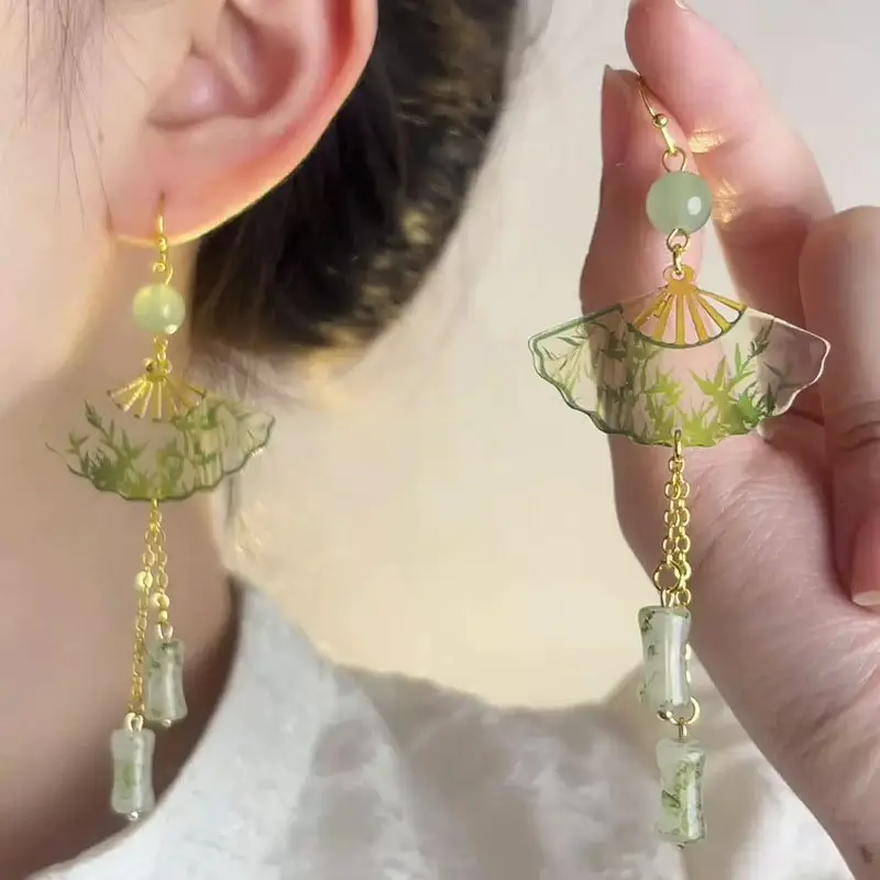 New Chinese Bamboo Leaf Tassel Earrings Women's Light Luxury