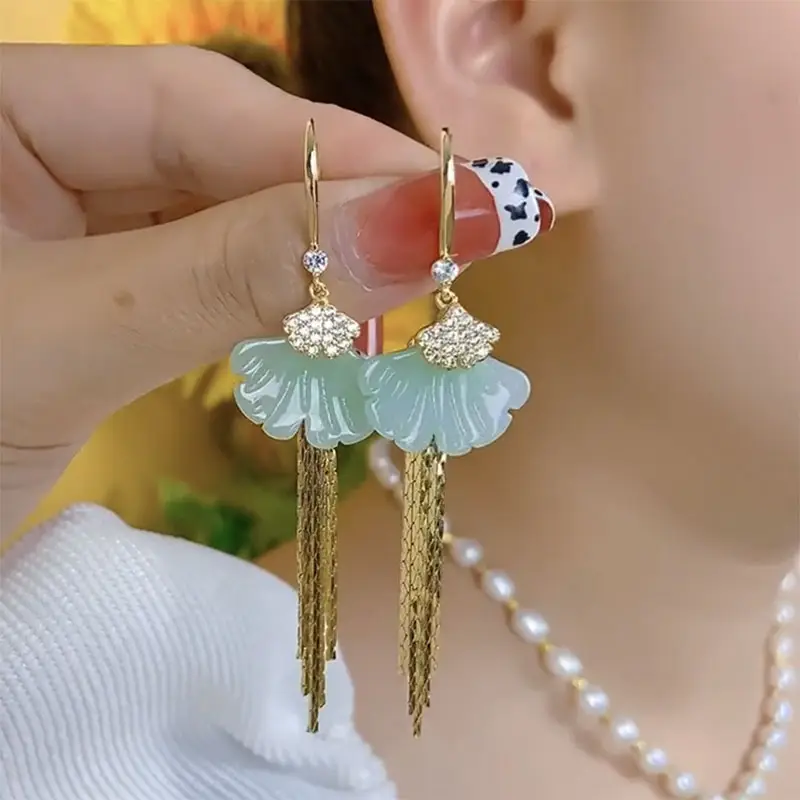 New Chinese Bamboo Leaf Tassel Earrings Women's Light Luxury