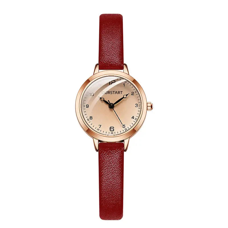 Women's Red Leather Watch with Gold Dial - Image 2