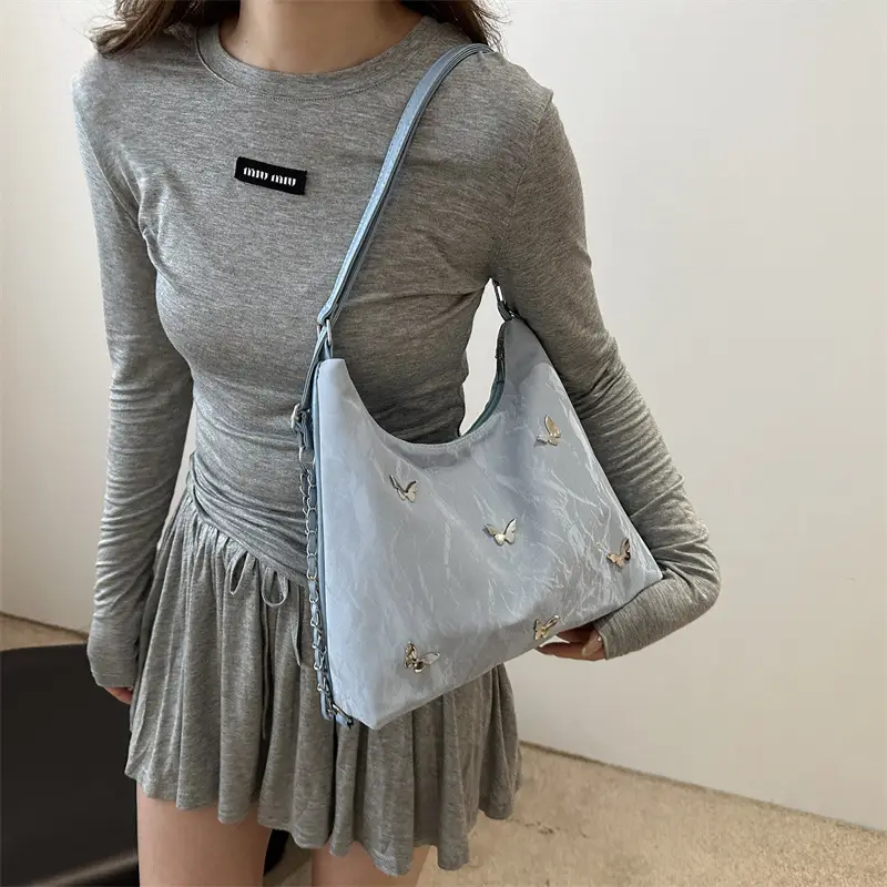 Blue Butterfly Embroidered Shoulder Tote Bag for Women - Image 8