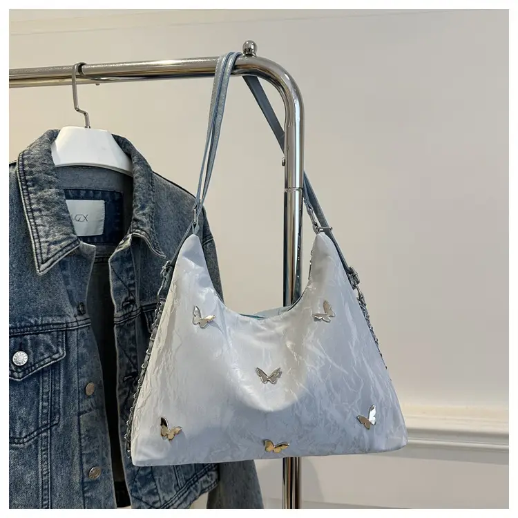 Blue Butterfly Embroidered Shoulder Tote Bag for Women — feature 25