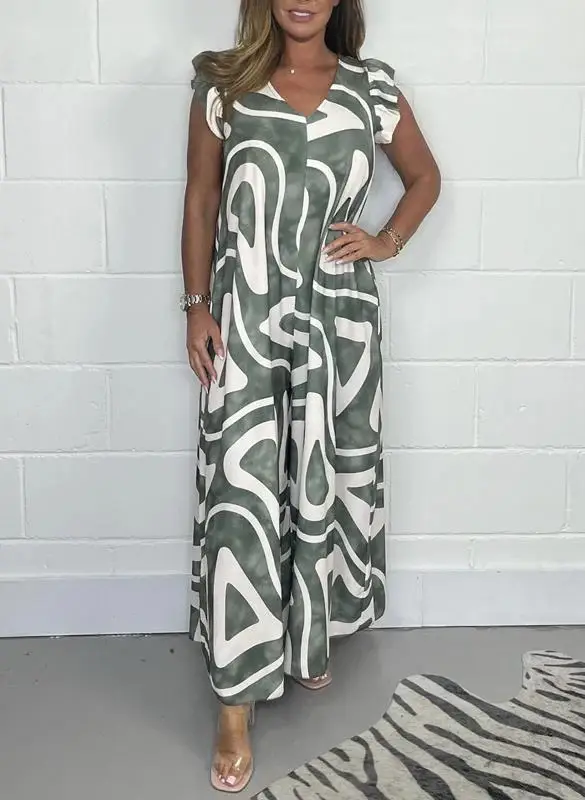 2025 Women's Printed Wide Leg Pants with Ruffled Sleeves - Image 3