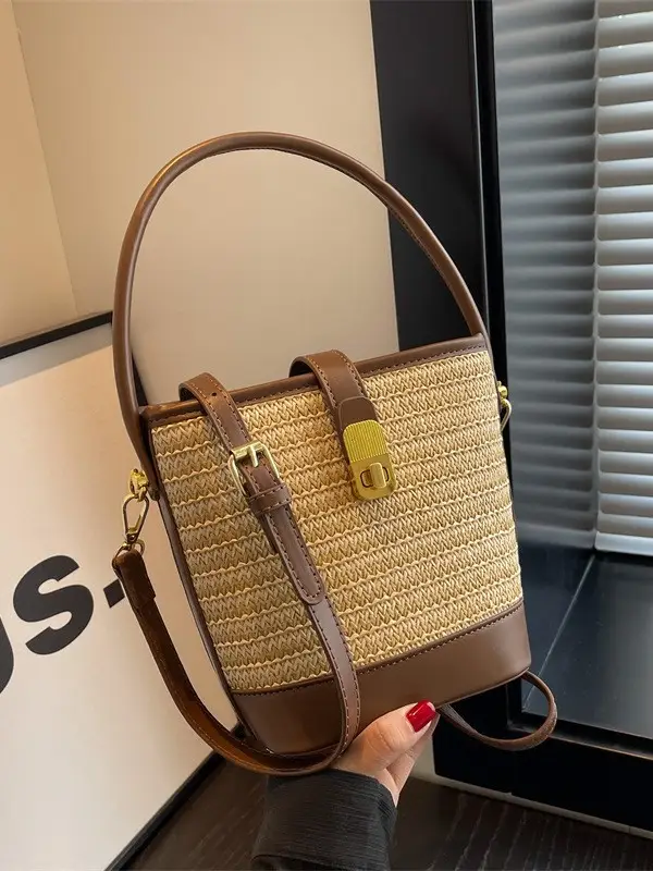 Women Straw Handbag Brown Brown Leather Strap - Image 4