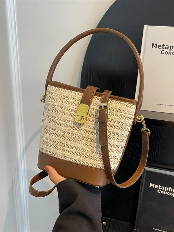 Women Straw Handbag Brown Brown Leather Strap - Image 5