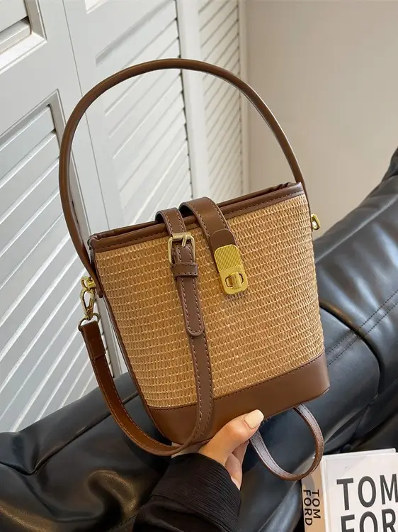 Women Straw Handbag Brown Brown Leather Strap - Image 6