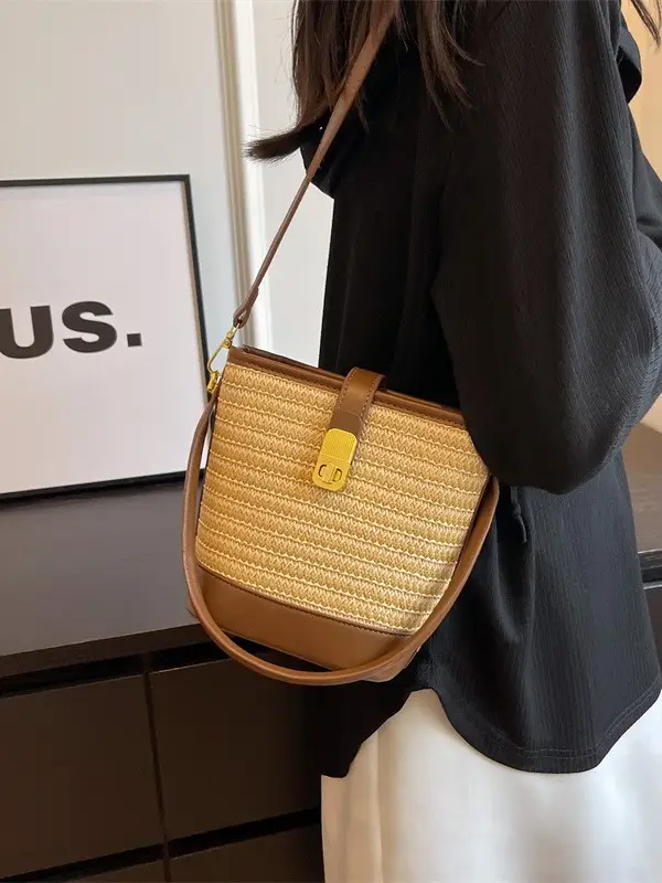 Women Straw Handbag Brown Brown Leather Strap - Image 7