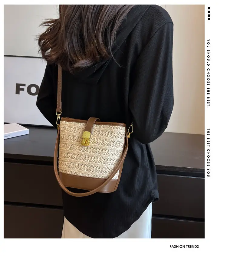 Women Straw Handbag Brown Brown Leather Strap — feature 10
