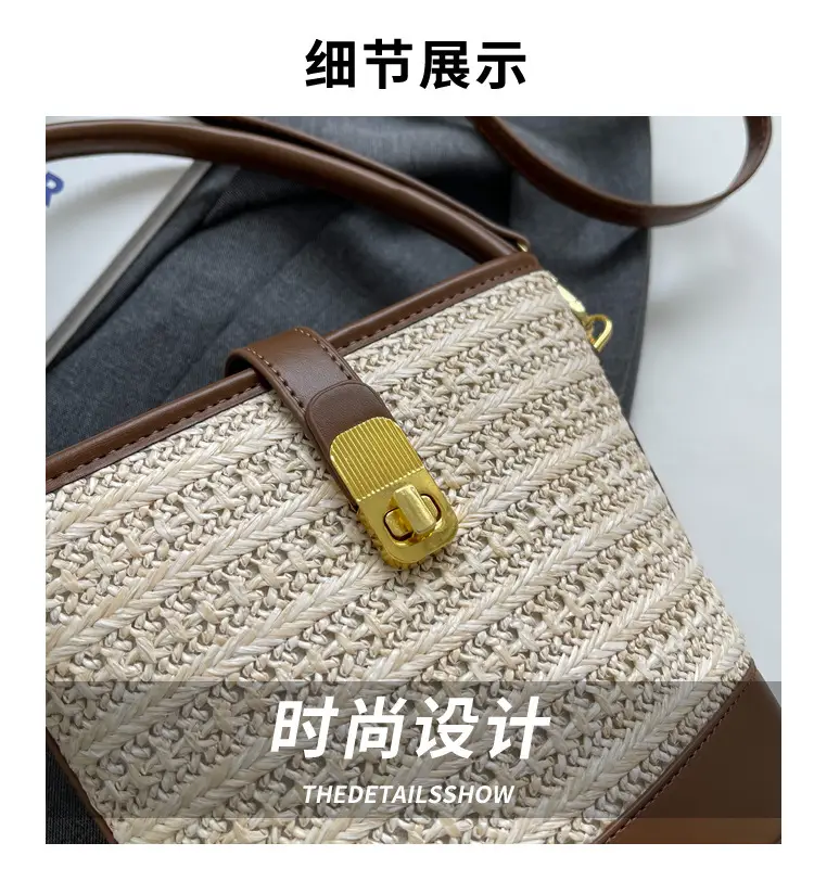Women Straw Handbag Brown Brown Leather Strap — feature 12