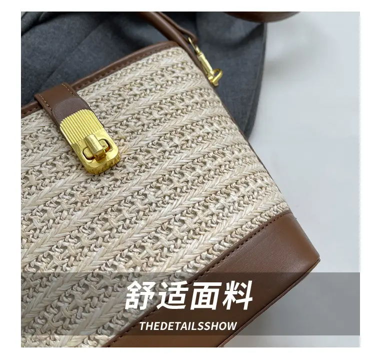 Women Straw Handbag Brown Brown Leather Strap — feature 13