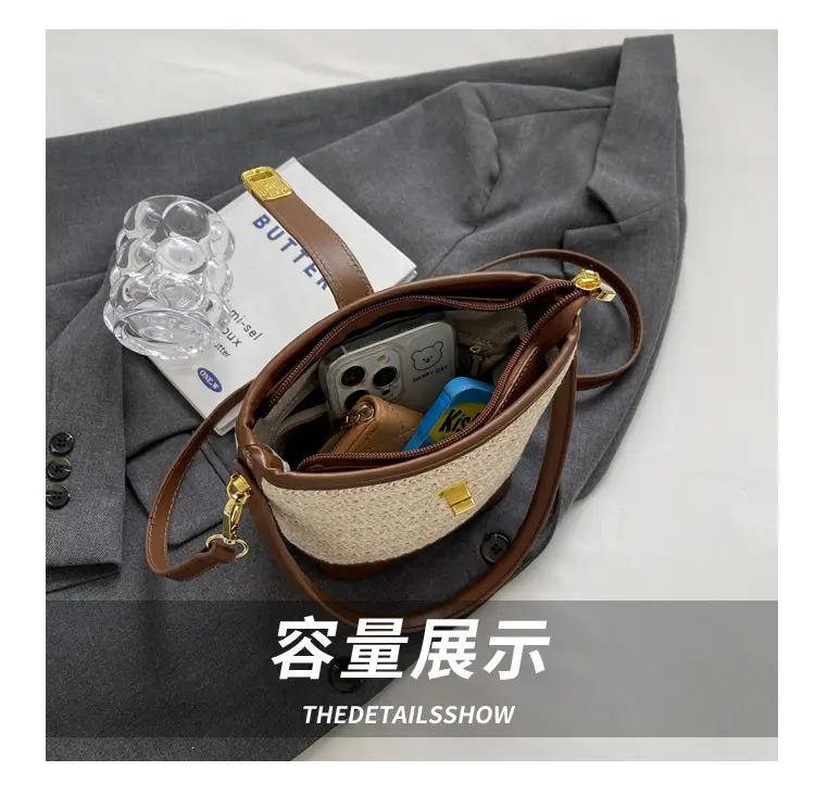 Women Straw Handbag Brown Brown Leather Strap — feature 16