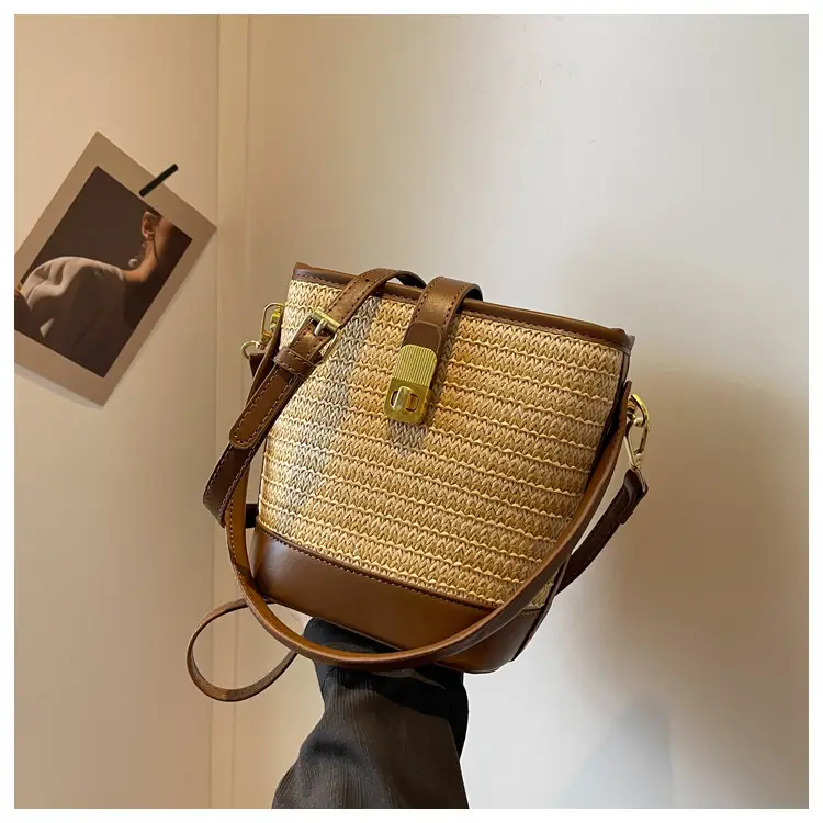 Women Straw Handbag Brown Brown Leather Strap — feature 19