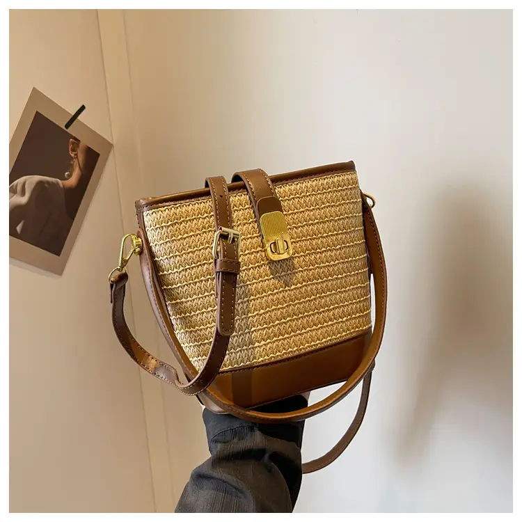 Women Straw Handbag Brown Brown Leather Strap — feature 20