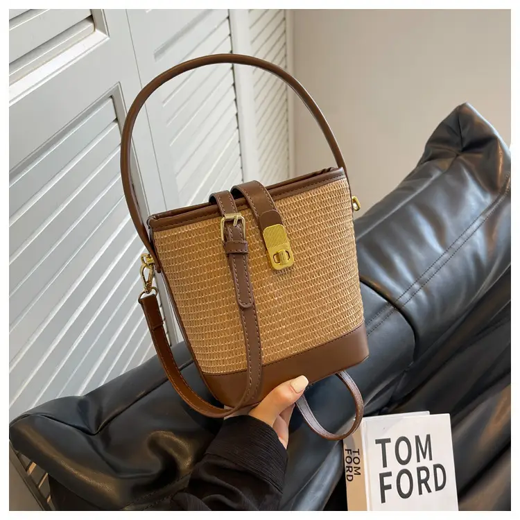 Women Straw Handbag Brown Brown Leather Strap — feature 22