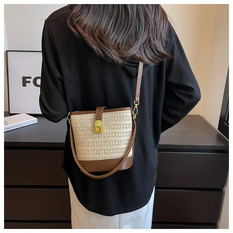 Women Straw Handbag Brown Brown Leather Strap — feature 30