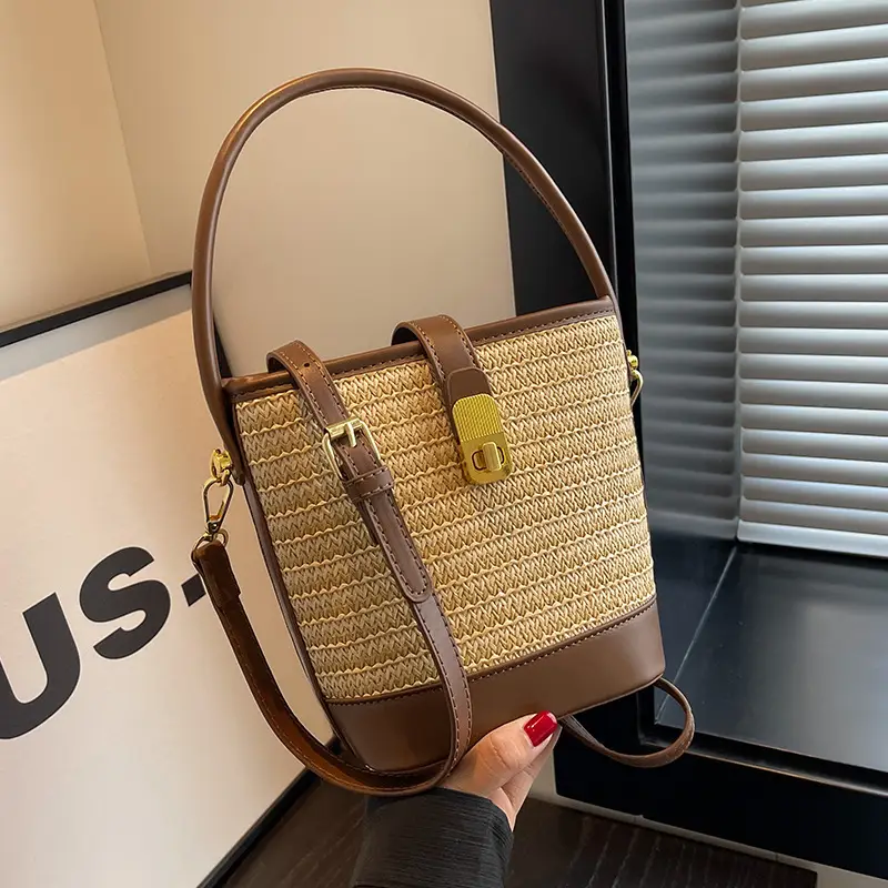 Women Straw Handbag Brown Brown Leather Strap - Image 2