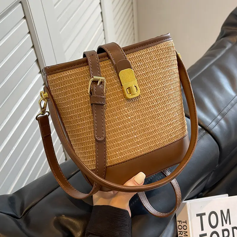 Women Straw Handbag Brown Brown Leather Strap - Image 3