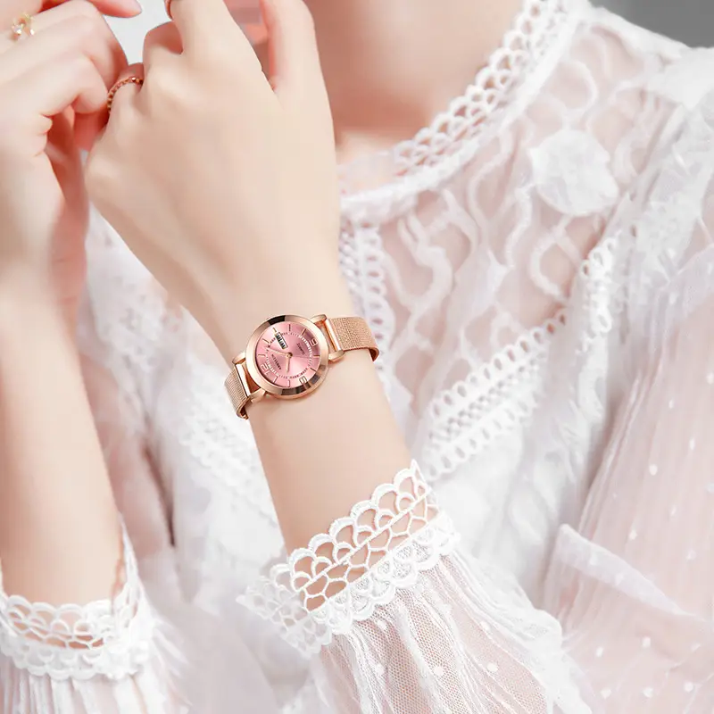 Ladies Pink Quartz Watch with Double Calendar & Brown Leather Band - Image 2