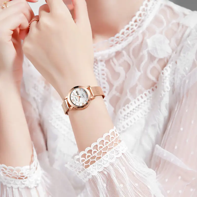 Ladies Pink Quartz Watch with Double Calendar & Brown Leather Band - Image 3