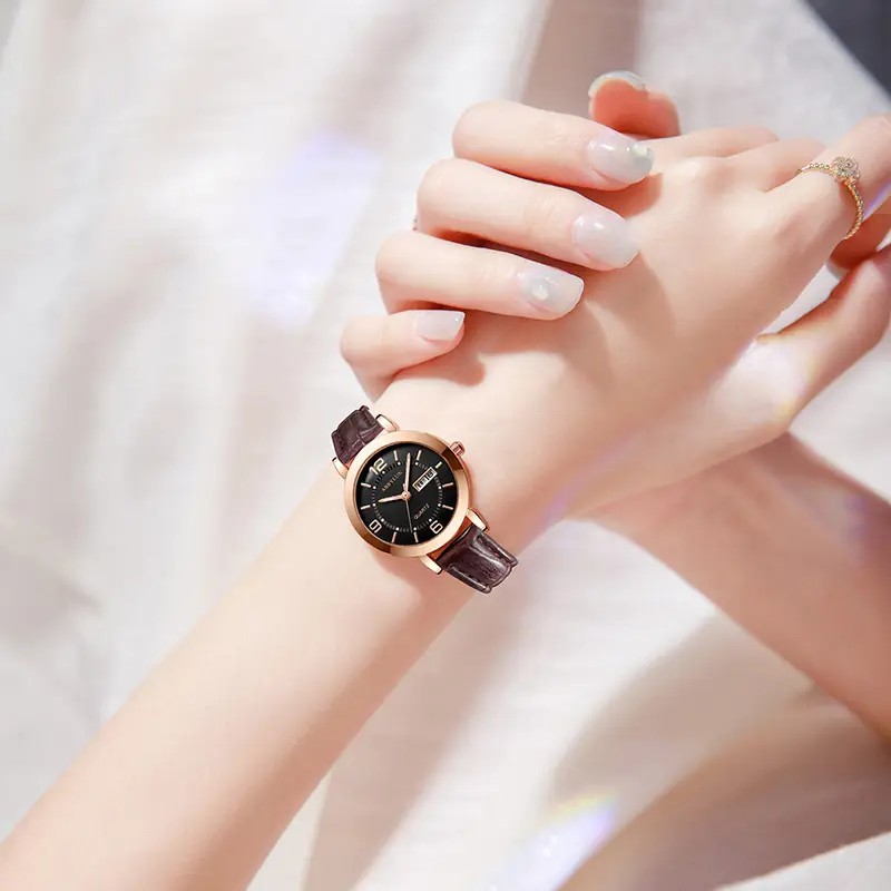Ladies Pink Quartz Watch with Double Calendar & Brown Leather Band - Image 4
