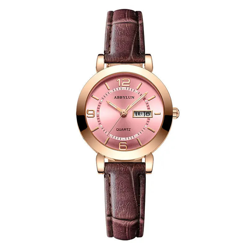Ladies Pink Quartz Watch with Double Calendar & Brown Leather Band - Image 5