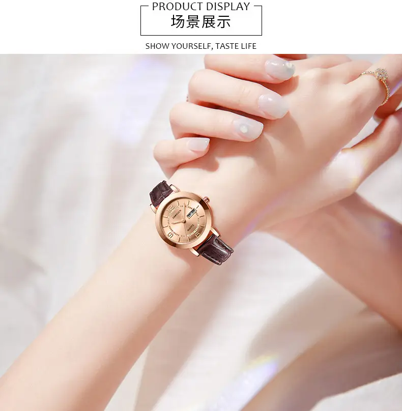 Ladies Pink Quartz Watch with Double Calendar & Brown Leather Band — feature 15