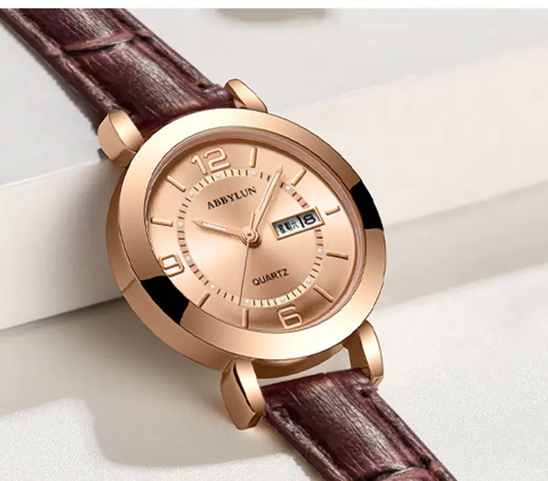 Ladies Pink Quartz Watch with Double Calendar & Brown Leather Band — feature 16