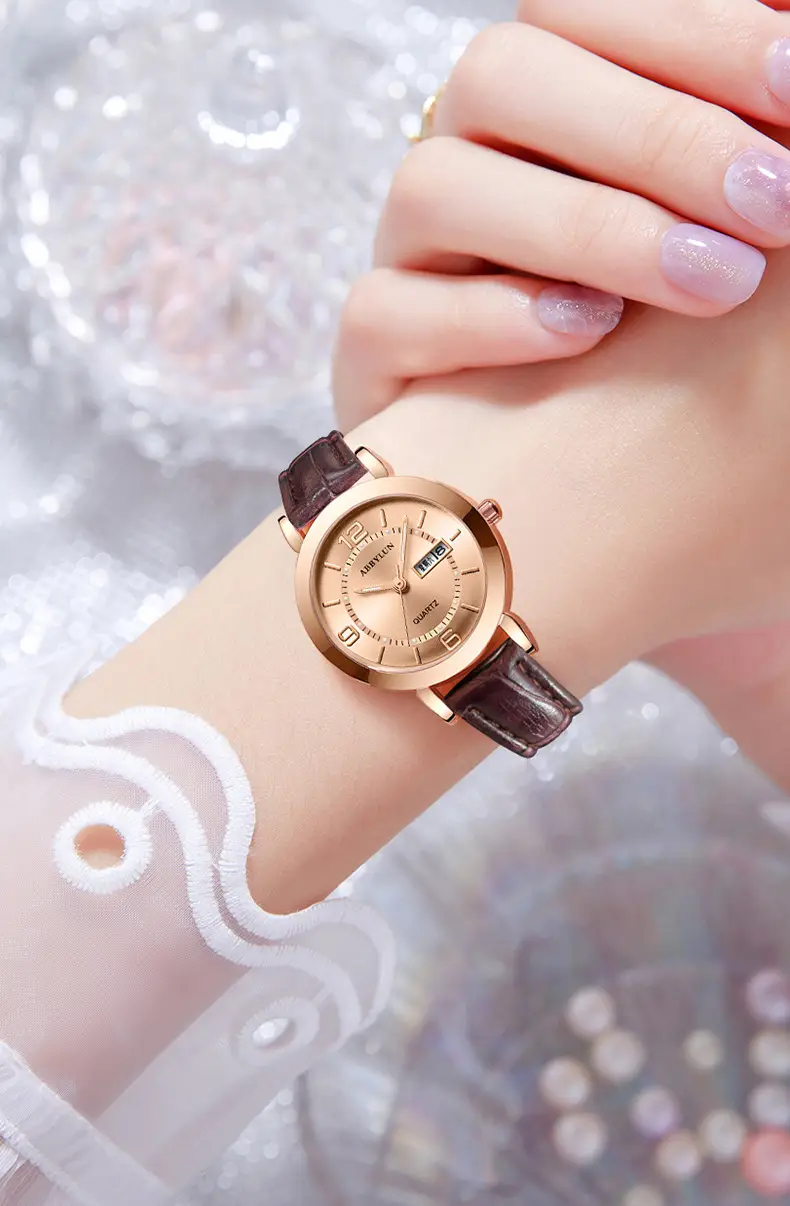 Ladies Pink Quartz Watch with Double Calendar & Brown Leather Band — feature 18