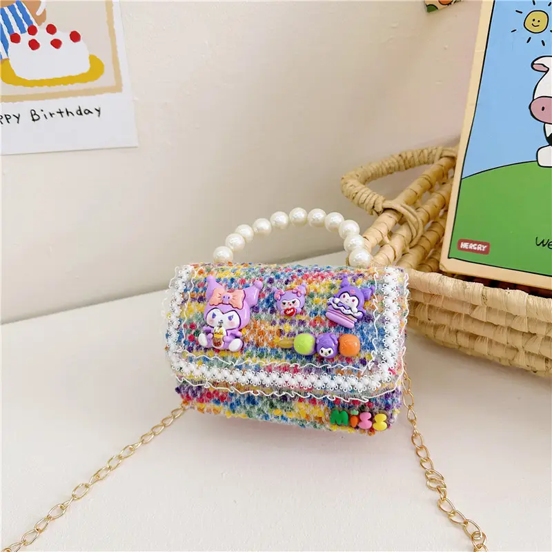 Girls Cartoon Pearl Shoulder Bag with Chain - Image 3