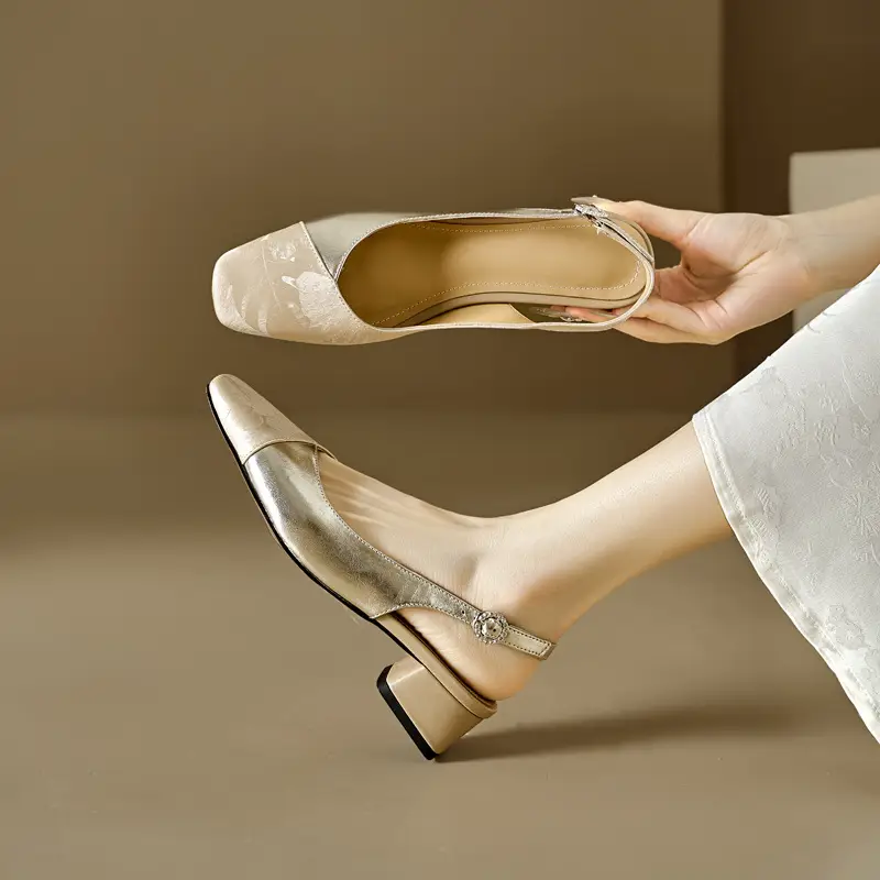 Vintage Printed New Chinese Style Square Toe Baotou Sandals Women's Thick Heel 2024 Summer New Middle Heel Single-layer Shoes - Image 4
