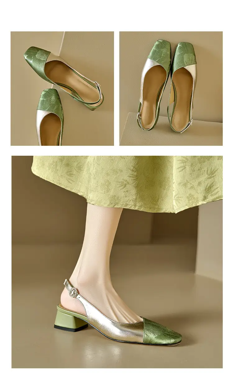 Vintage Printed New Chinese Style Square Toe Baotou Sandals Women's Thick Heel 2024 Summer New Middle Heel Single-layer Shoes — feature 4